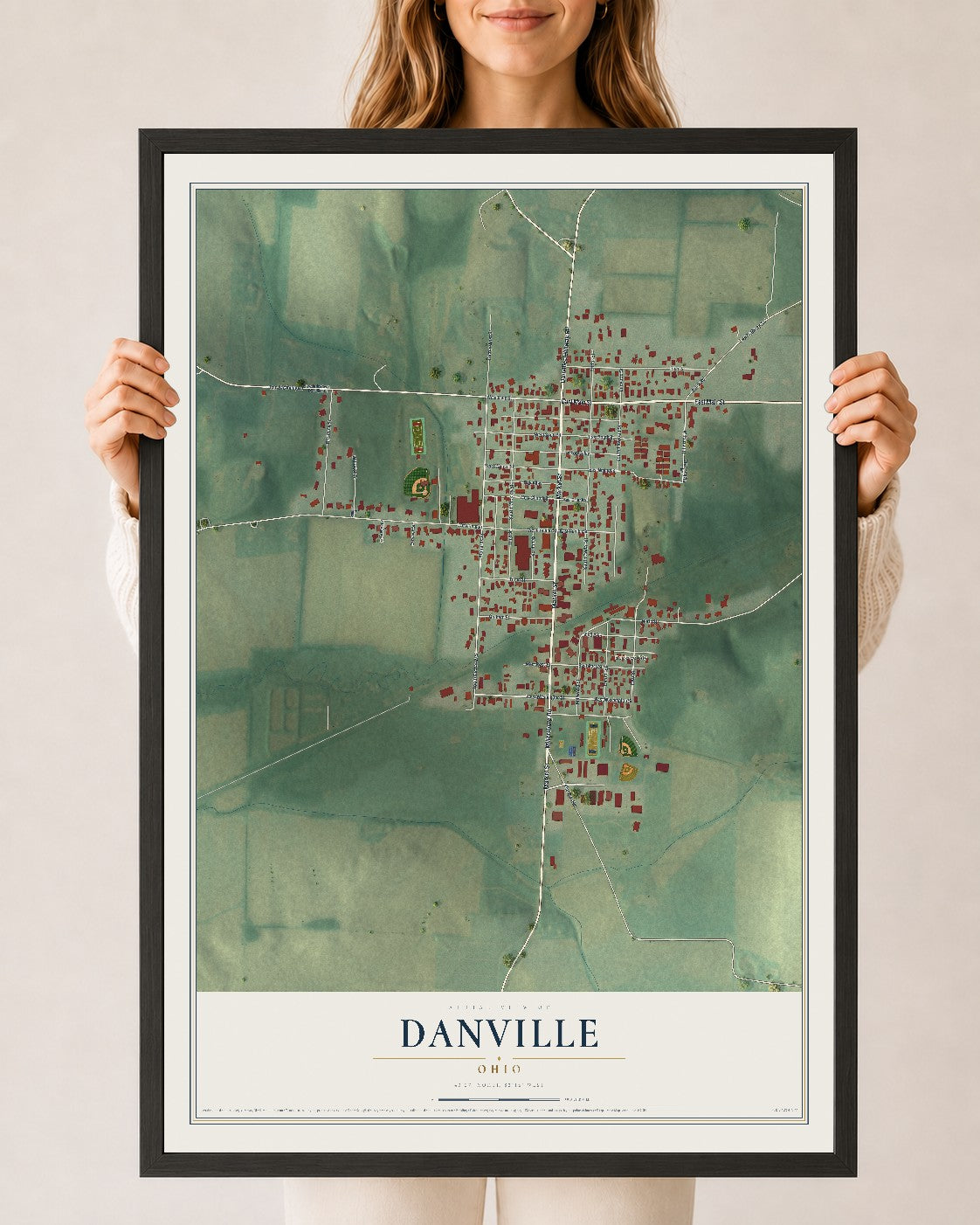 Map of Danville, Ohio, 24 x 36 inch print in a black wood frame