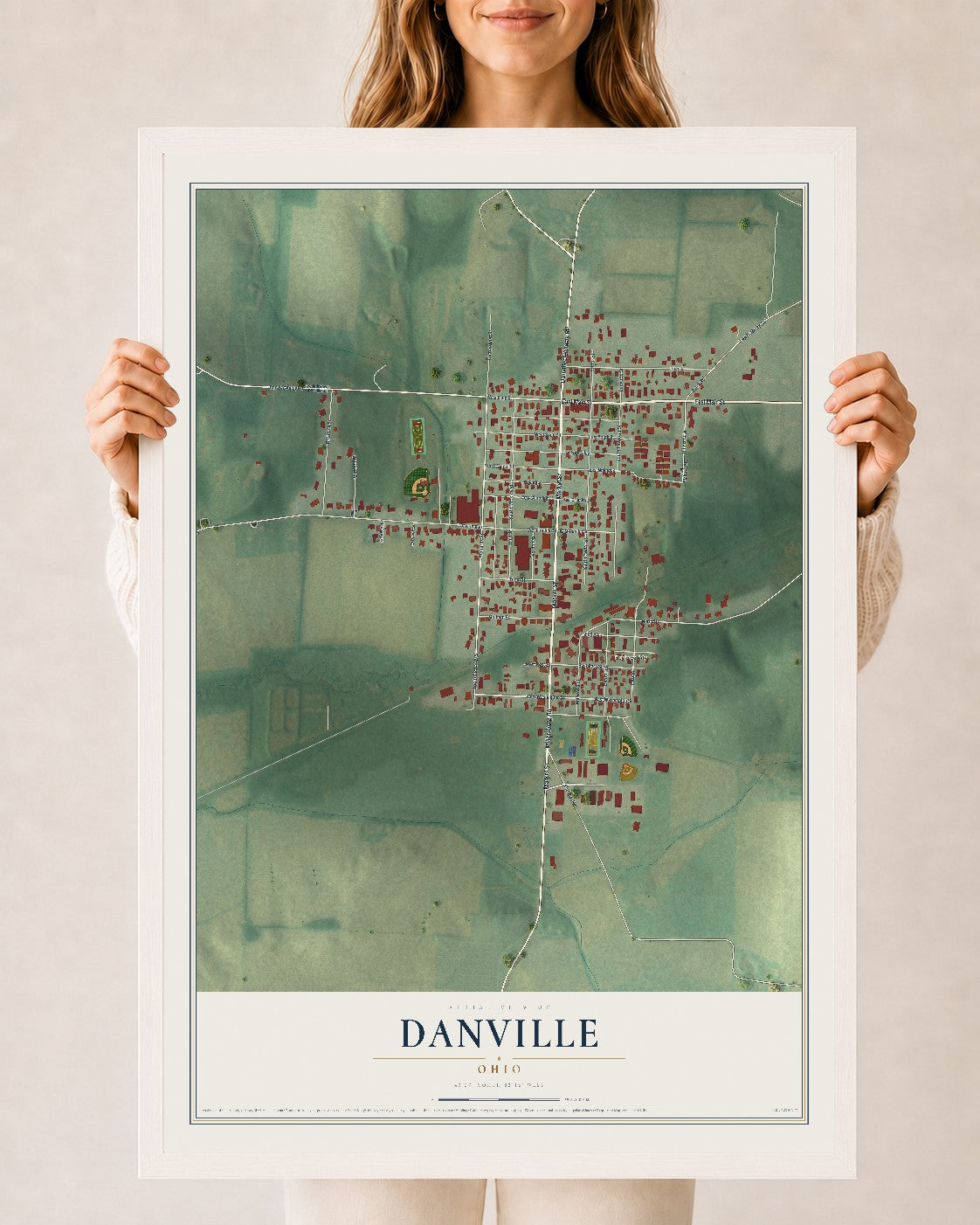 Map of Danville, Ohio, 24 x 36 inch print in a white wood frame