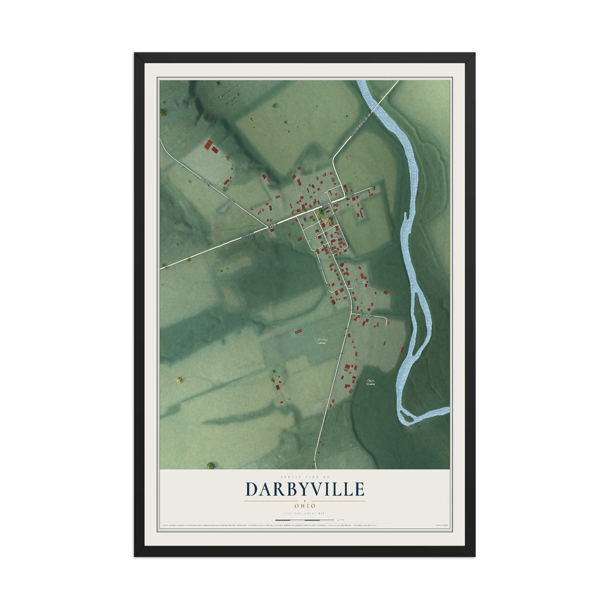 Map of Darbyville, Ohio, 12 x 18 inch print in a black wood frame