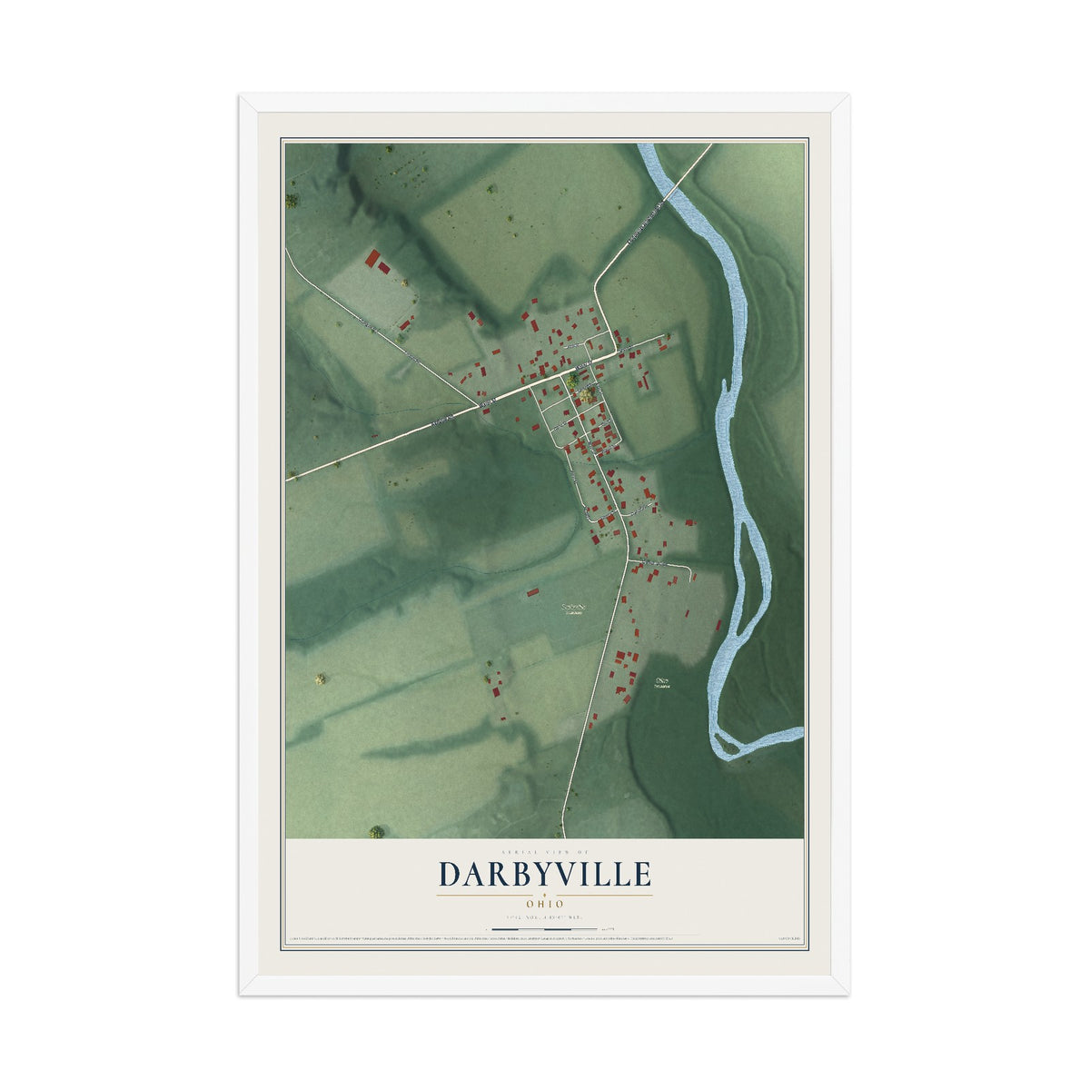 Map of Darbyville, Ohio, 12 x 18 inch print in a white wood frame