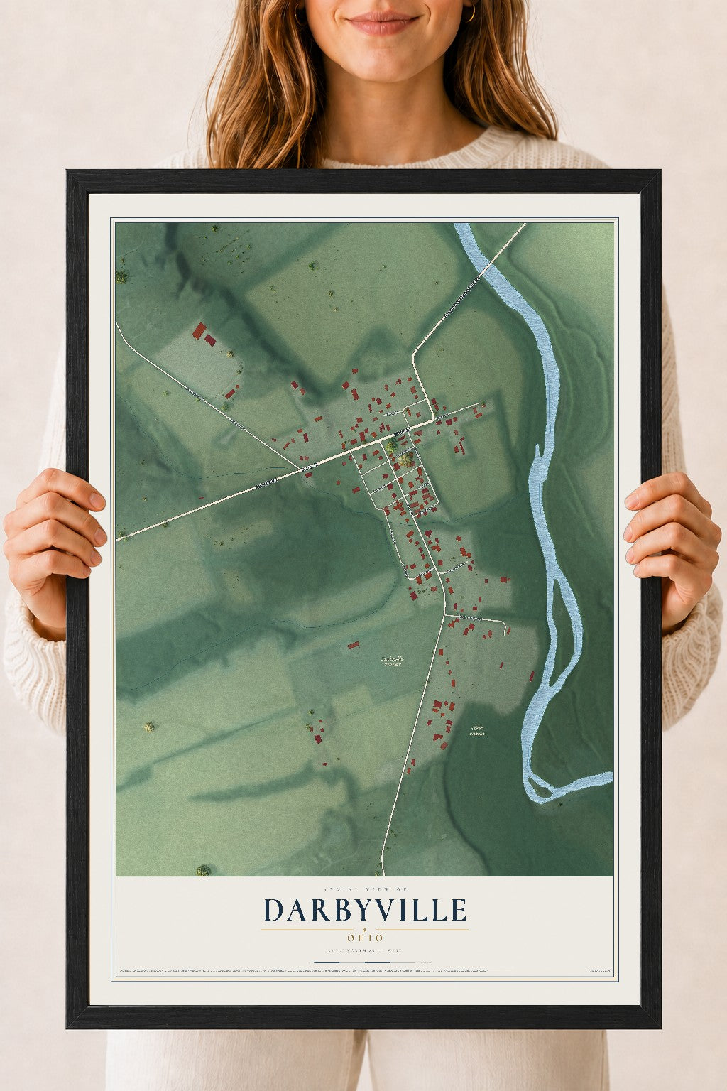 Map of Darbyville, Ohio, 18 x 24 inch print in a black wood frame