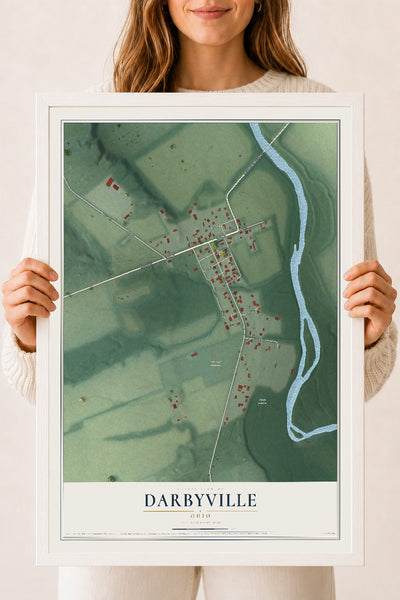 Map of Darbyville, Ohio, 18 x 24 inch print in a white wood frame