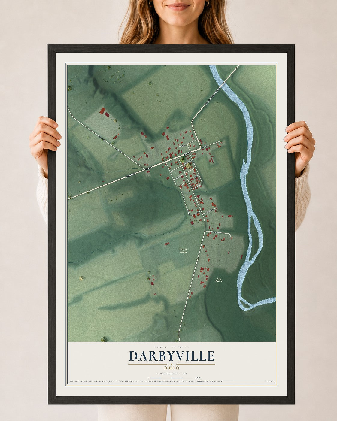 Map of Darbyville, Ohio, 24 x 36 inch print in a black wood frame