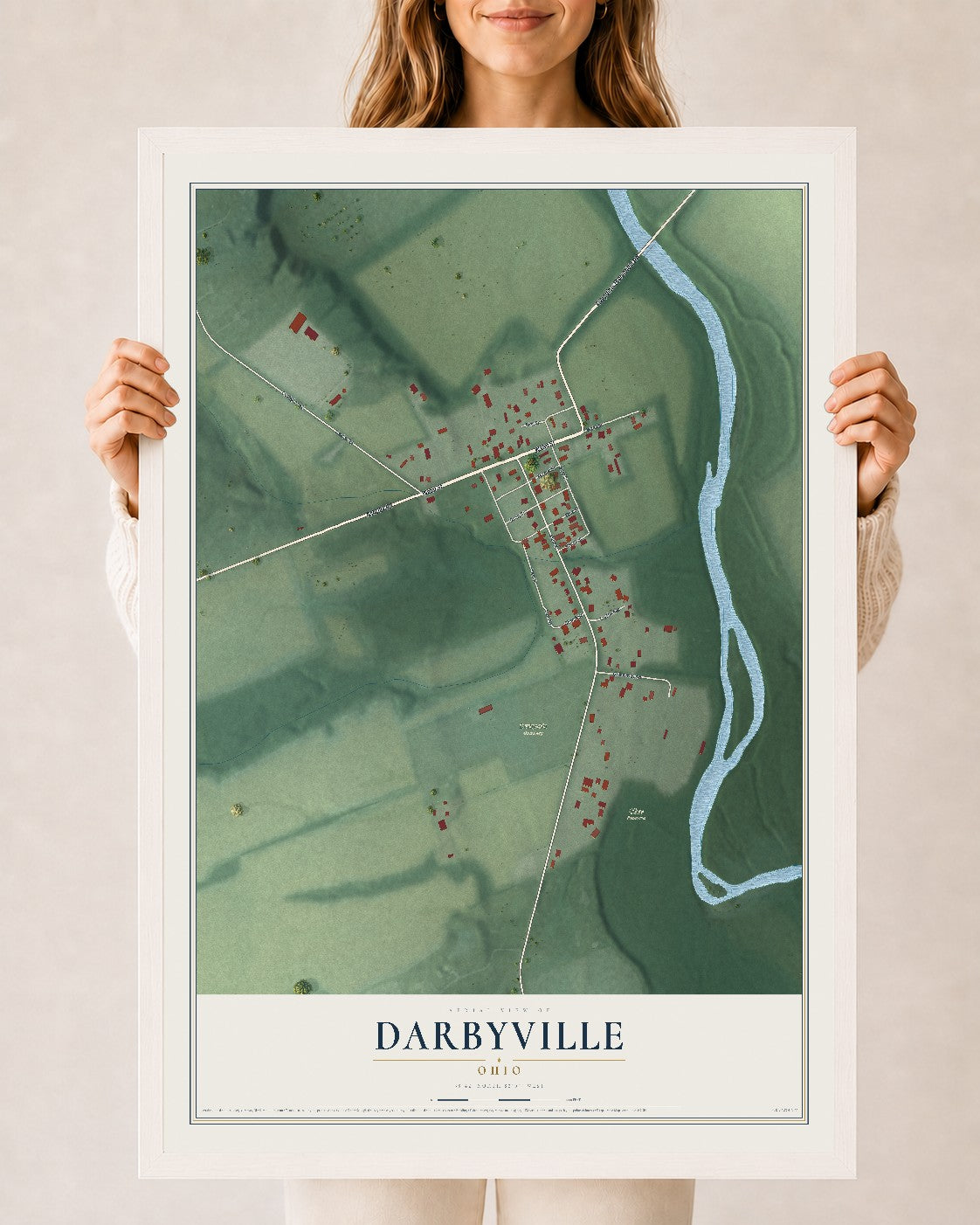 Map of Darbyville, Ohio, 24 x 36 inch print in a white wood frame