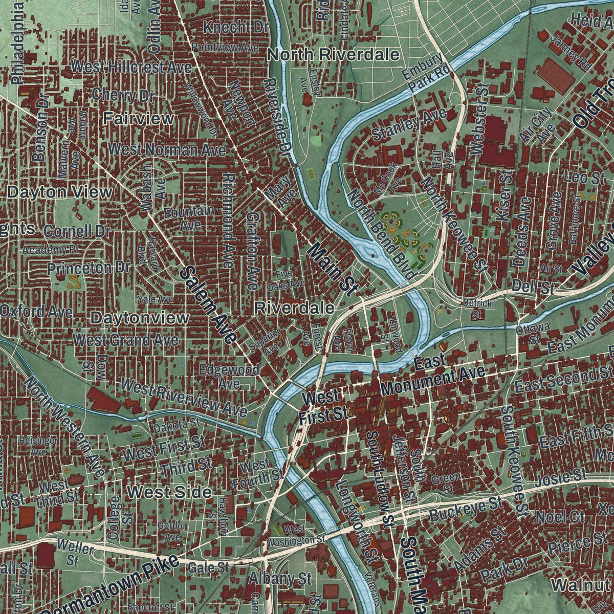 Close-up of the map of Dayton, Ohio print showing street and building detail