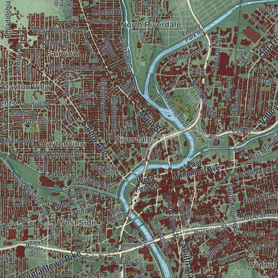 Close-up of the map of Dayton, Ohio print showing street and building detail