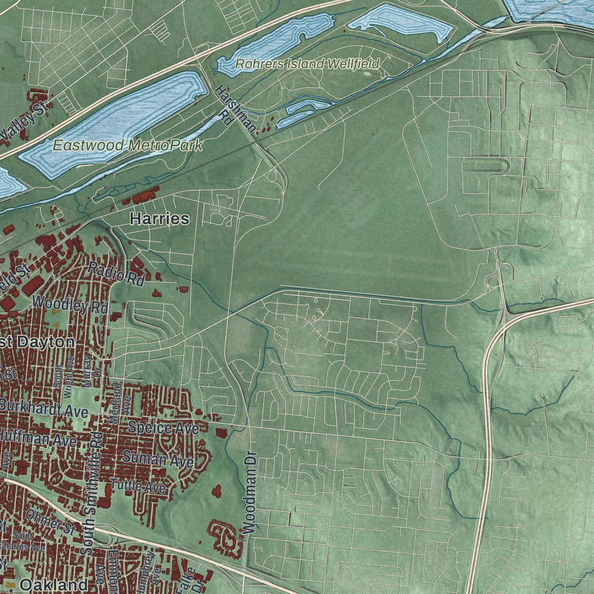 Second close-up of the map of Dayton, Ohio print showing more streets and buildings