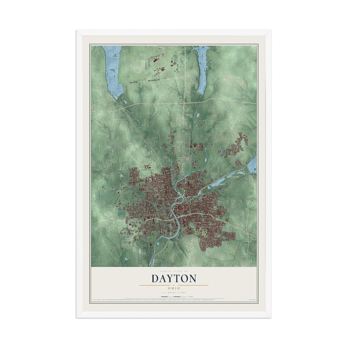 Map of Dayton, Ohio, 12 x 18 inch print in a white wood frame