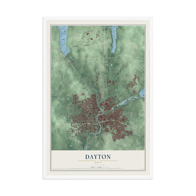 Map of Dayton, Ohio, 12 x 18 inch print in a white wood frame