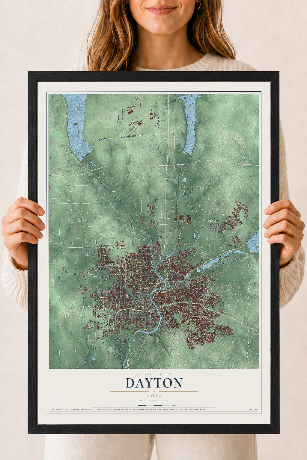 Map of Dayton, Ohio, 18 x 24 inch print in a black wood frame