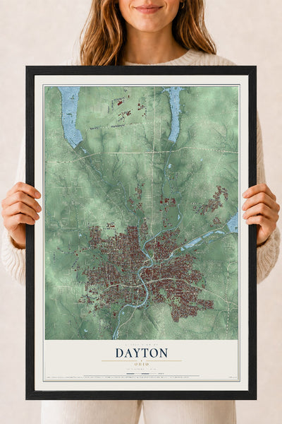 Map of Dayton, Ohio, 18 x 24 inch print in a black wood frame
