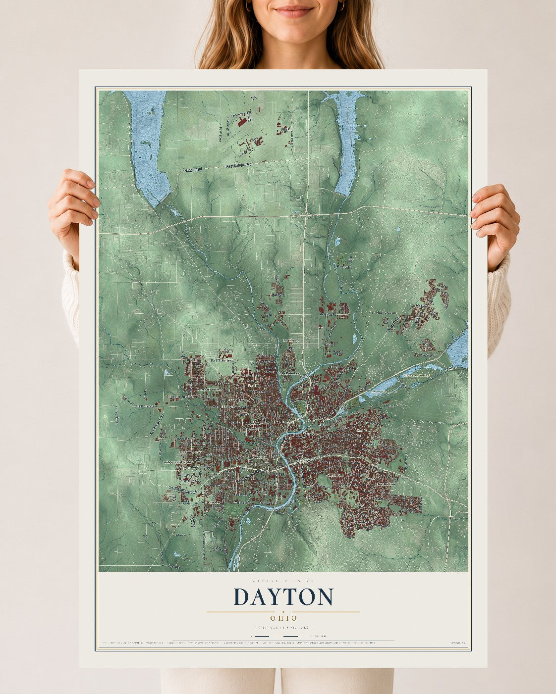 Map of Dayton, Ohio, 24 x 36 inch unframed archival matte print