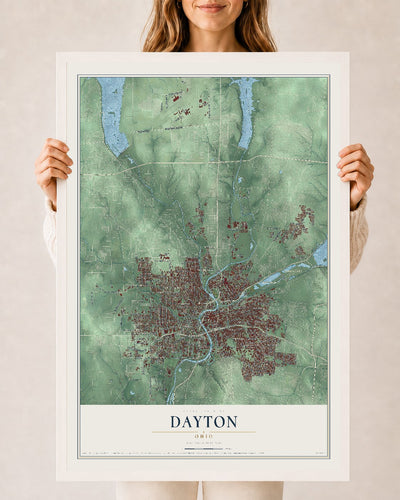 Map of Dayton, Ohio, 24 x 36 inch print in a white wood frame
