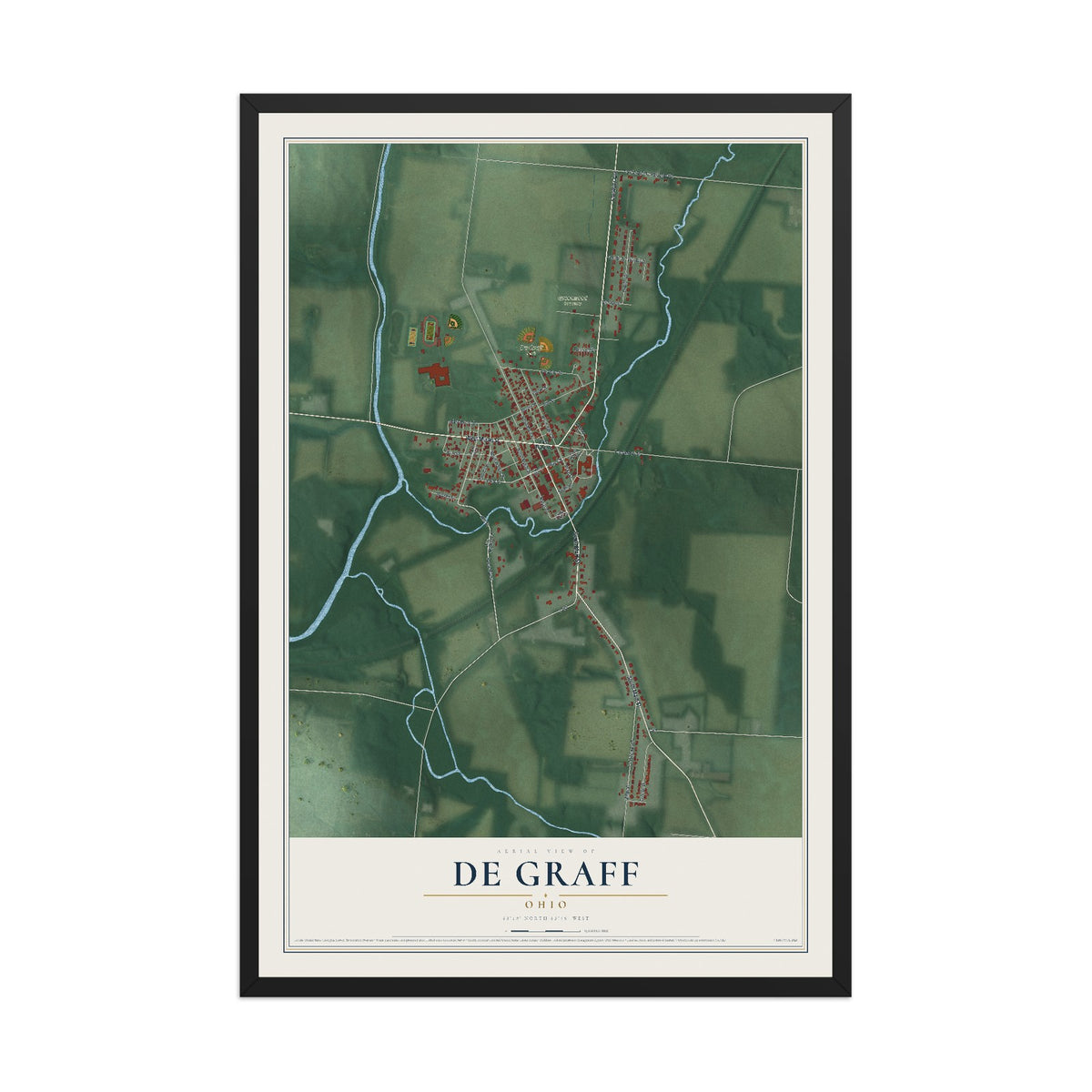 Map of De Graff, Ohio, 12 x 18 inch print in a black wood frame