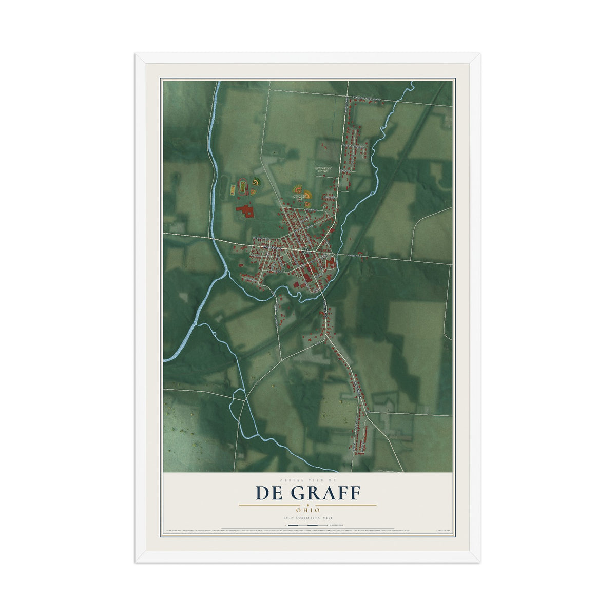Map of De Graff, Ohio, 12 x 18 inch print in a white wood frame