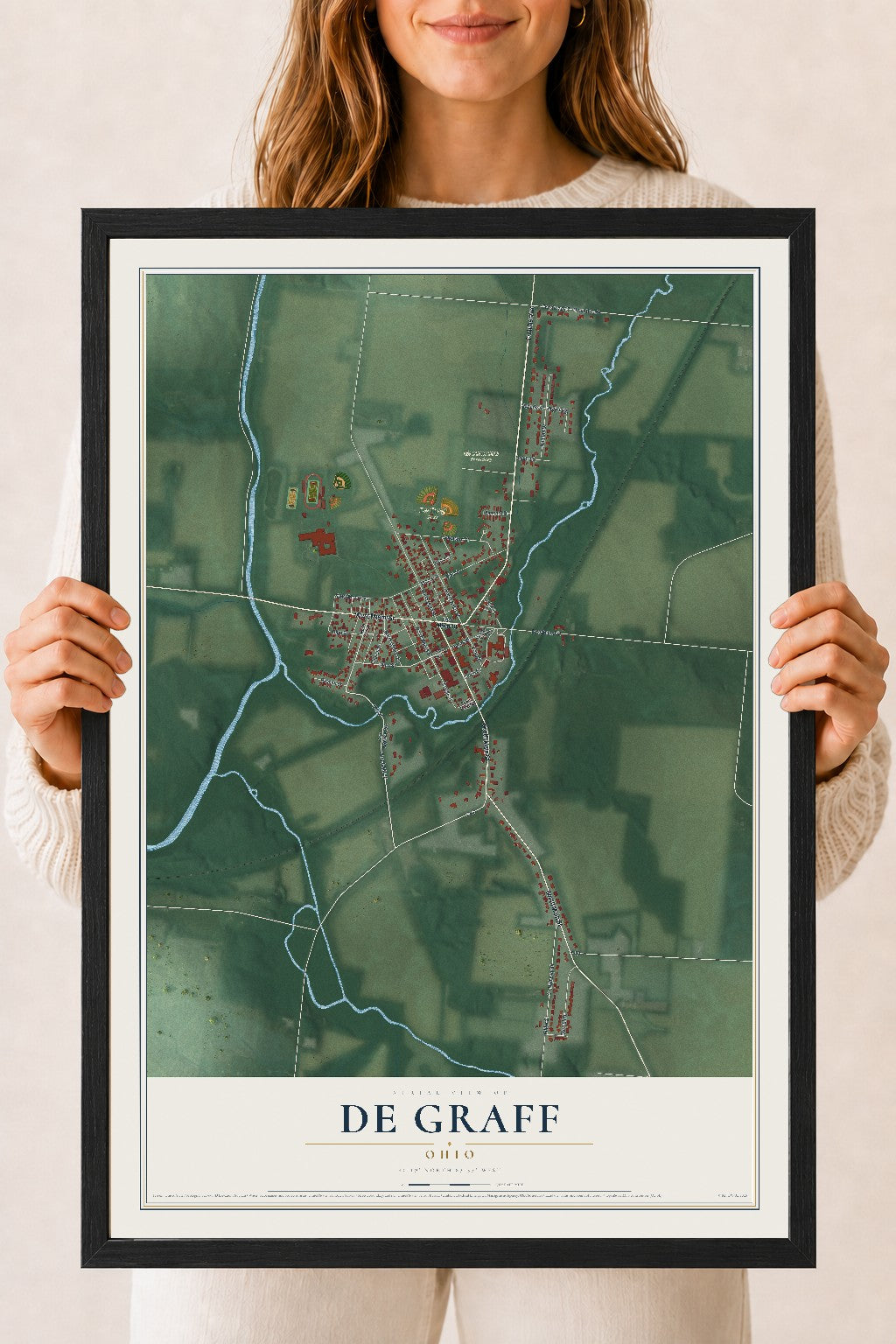 Map of De Graff, Ohio, 18 x 24 inch print in a black wood frame