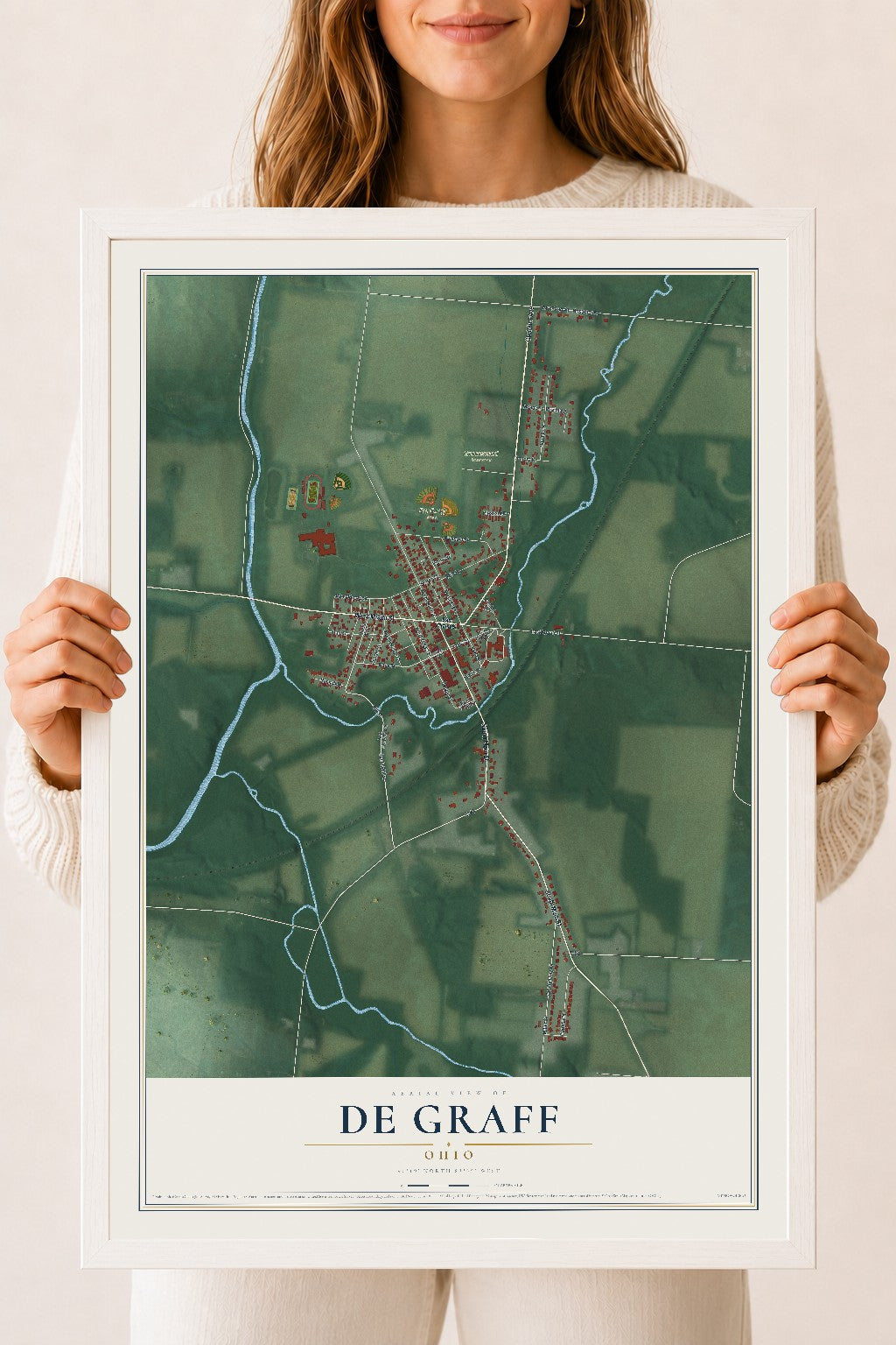 Map of De Graff, Ohio, 18 x 24 inch print in a white wood frame