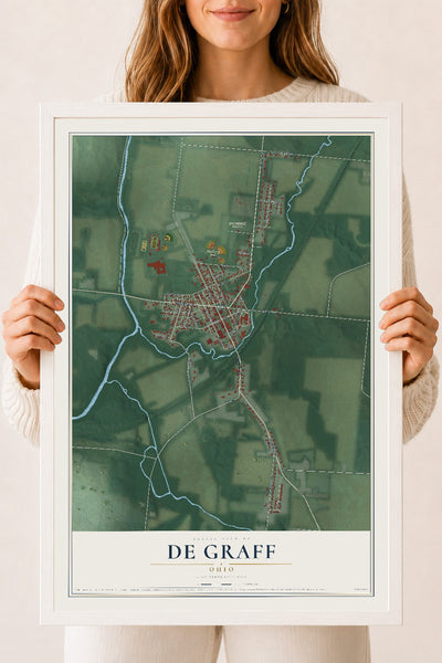 Map of De Graff, Ohio, 18 x 24 inch print in a white wood frame