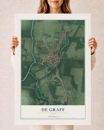 Map of De Graff, Ohio, 24 x 36 inch print in a white wood frame