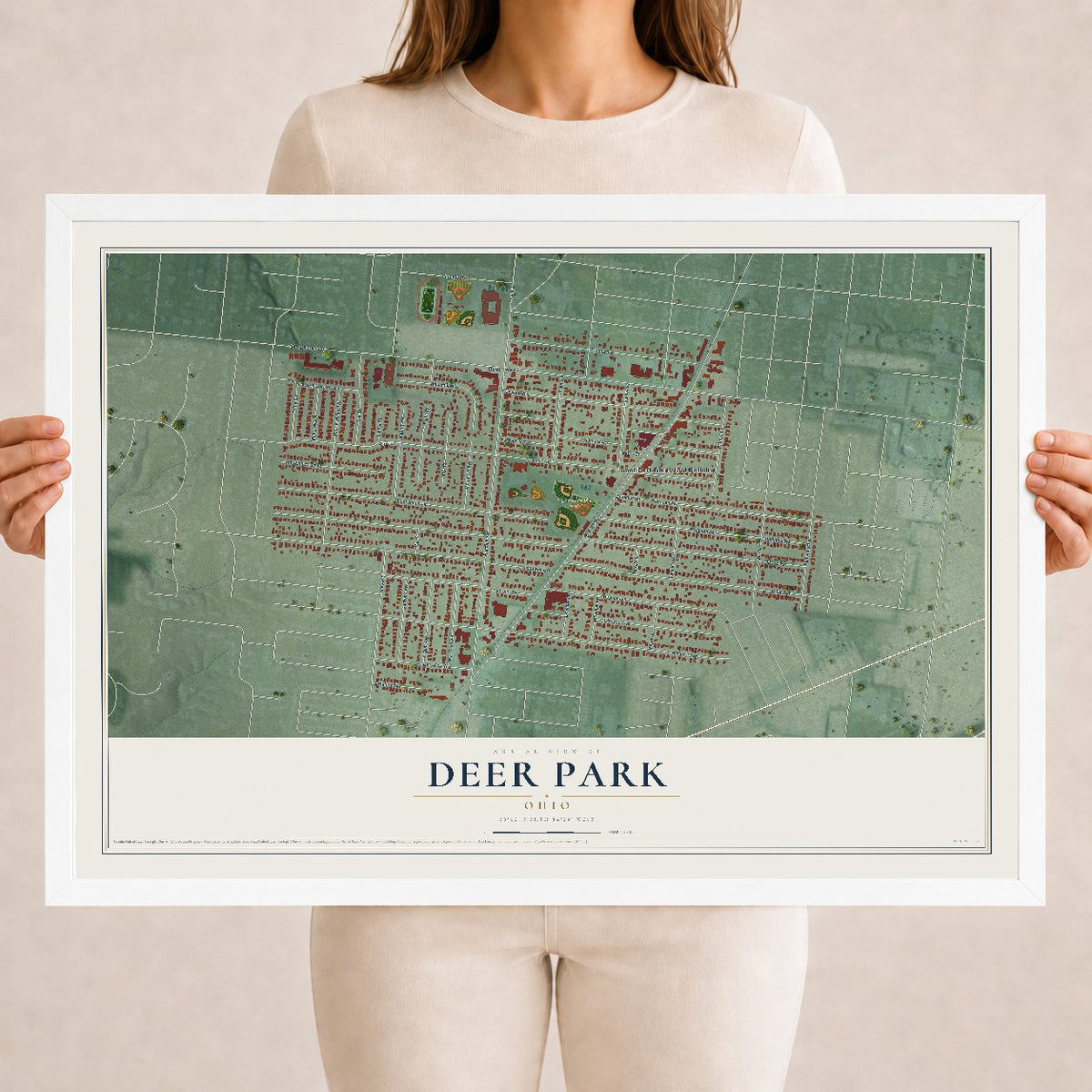 Map of Deer Park, Ohio, 18 x 24 inch print in a white wood frame