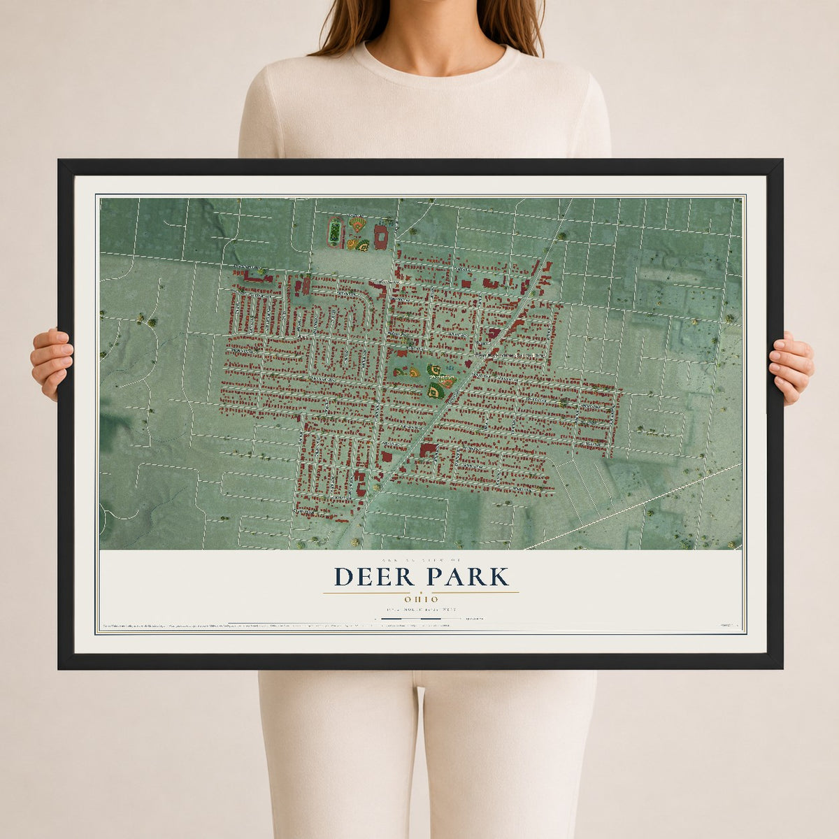 Map of Deer Park, Ohio, 24 x 36 inch print in a black wood frame