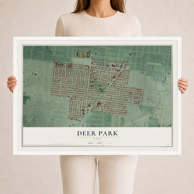 Map of Deer Park, Ohio, 24 x 36 inch print in a white wood frame