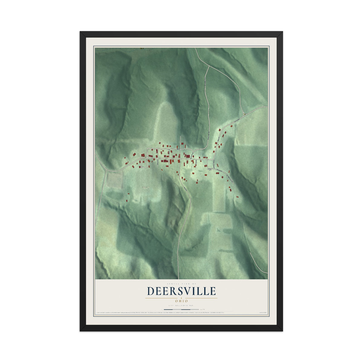 Map of Deersville, Ohio, 12 x 18 inch print in a black wood frame