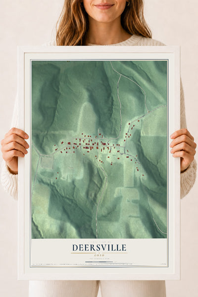 Map of Deersville, Ohio, 18 x 24 inch print in a white wood frame