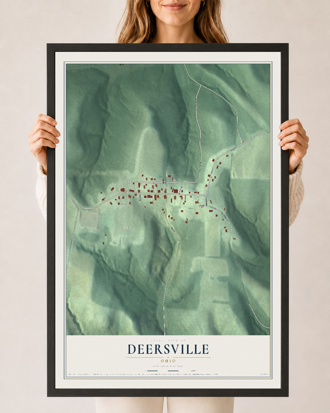 Map of Deersville, Ohio, 24 x 36 inch print in a black wood frame