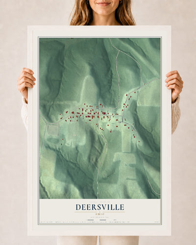 Map of Deersville, Ohio, 24 x 36 inch print in a white wood frame
