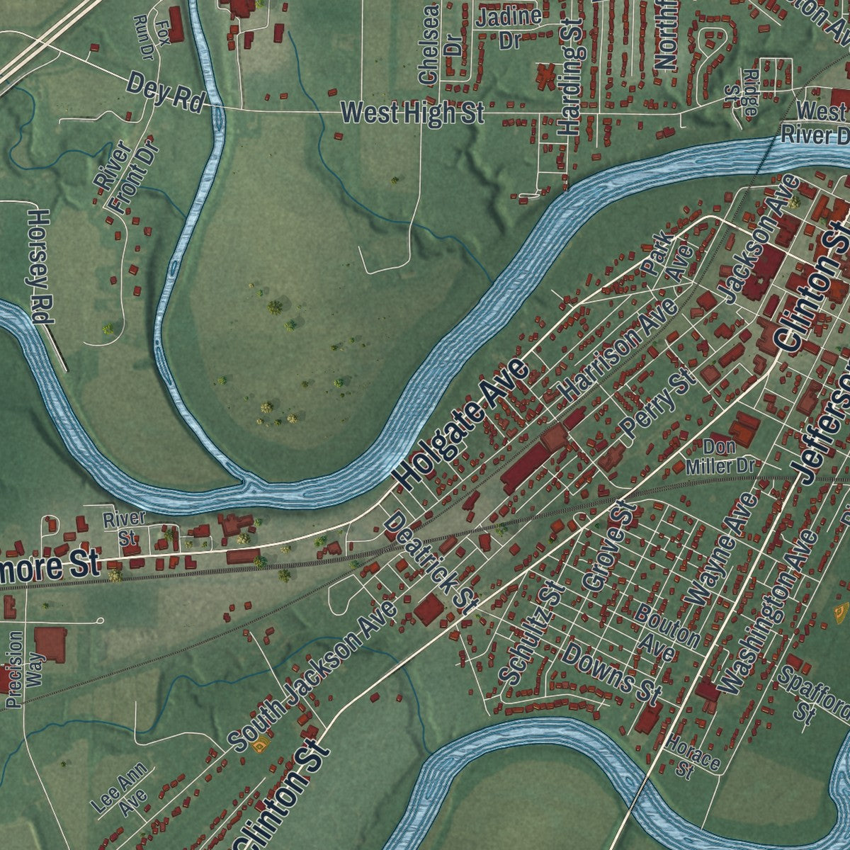 Close-up of the map of Defiance, Ohio print showing street and building detail