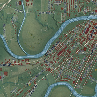 Close-up of the map of Defiance, Ohio print showing street and building detail