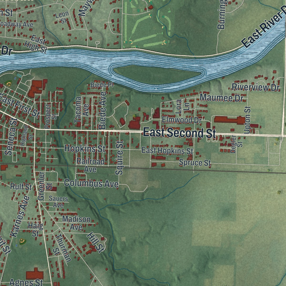 Second close-up of the map of Defiance, Ohio print showing more streets and buildings