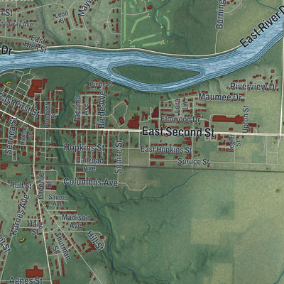 Second close-up of the map of Defiance, Ohio print showing more streets and buildings