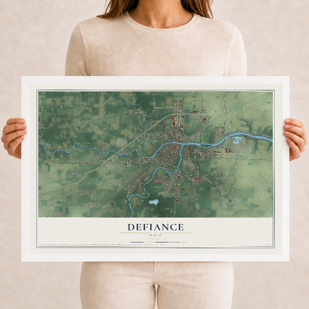 Map of Defiance, Ohio, 12 x 18 inch print in a white wood frame