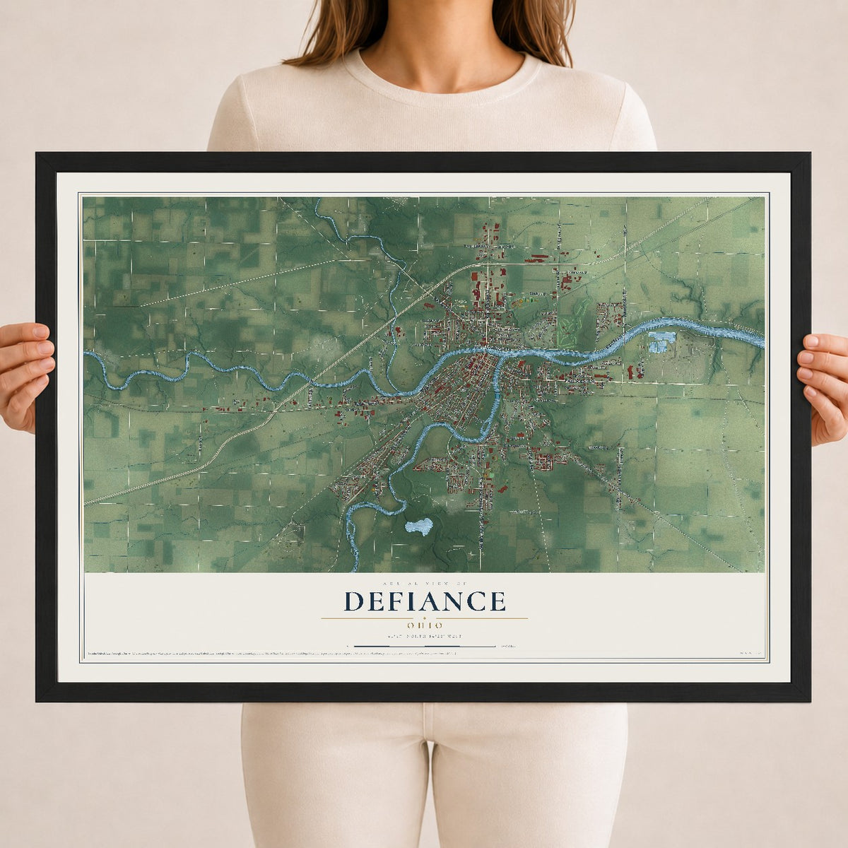 Map of Defiance, Ohio, 18 x 24 inch print in a black wood frame
