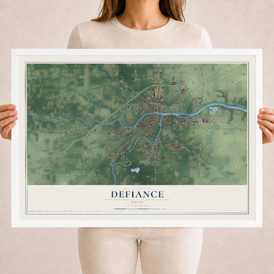 Map of Defiance, Ohio, 18 x 24 inch print in a white wood frame