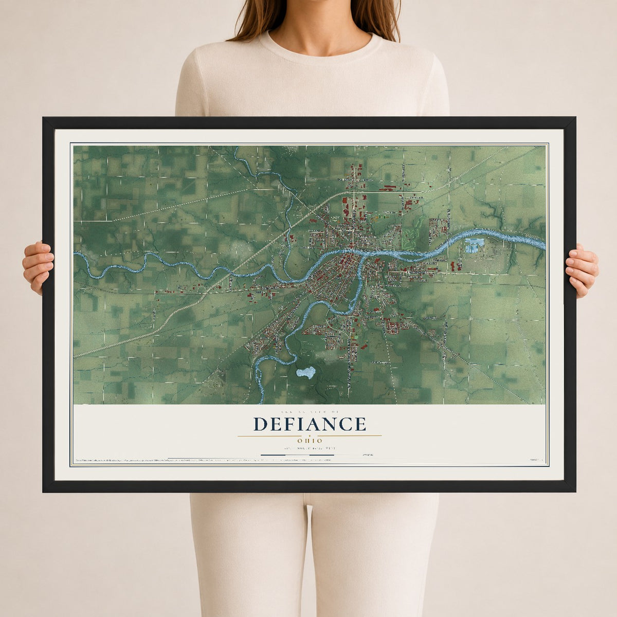 Map of Defiance, Ohio, 24 x 36 inch print in a black wood frame