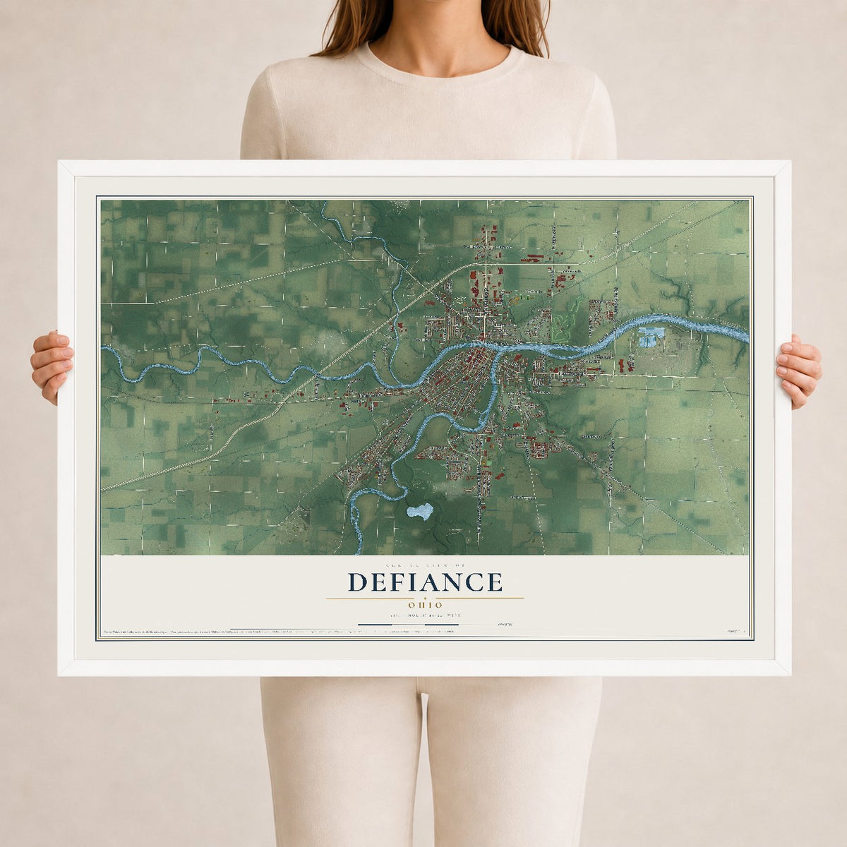 Map of Defiance, Ohio, 24 x 36 inch print in a white wood frame
