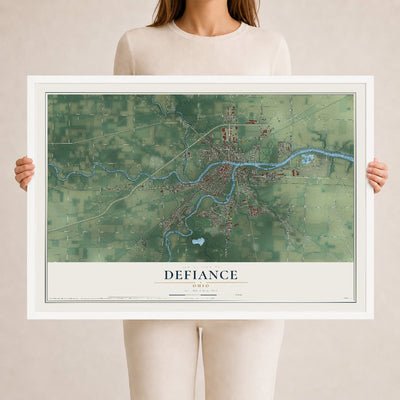 Map of Defiance, Ohio, 24 x 36 inch print in a white wood frame