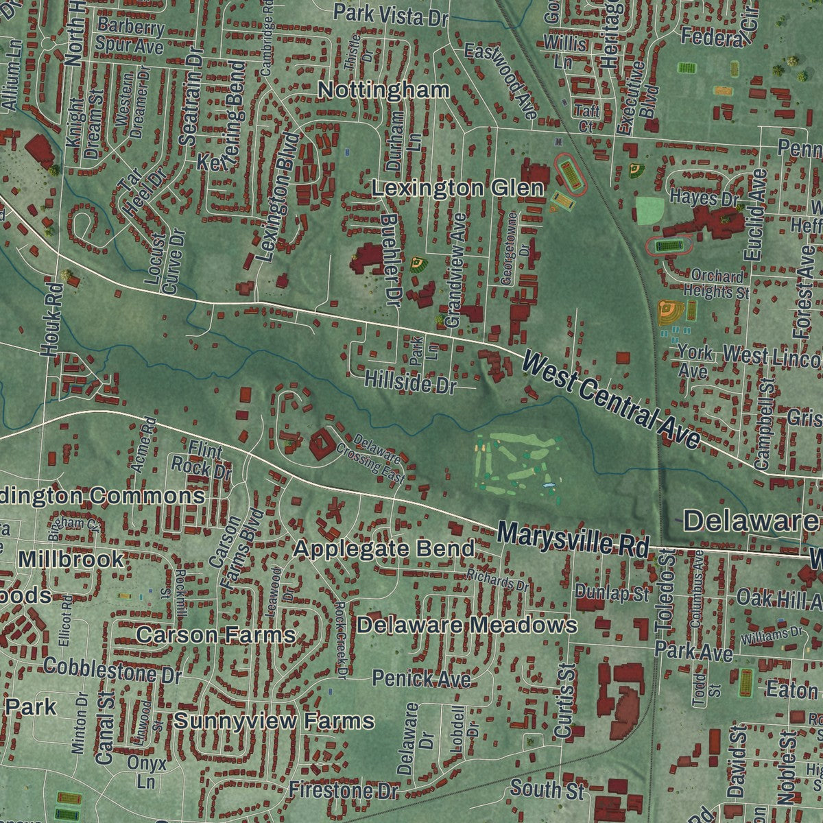 Close-up of the map of Delaware, Ohio print showing street and building detail