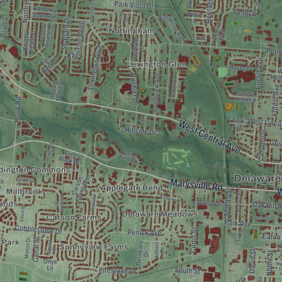 Close-up of the map of Delaware, Ohio print showing street and building detail