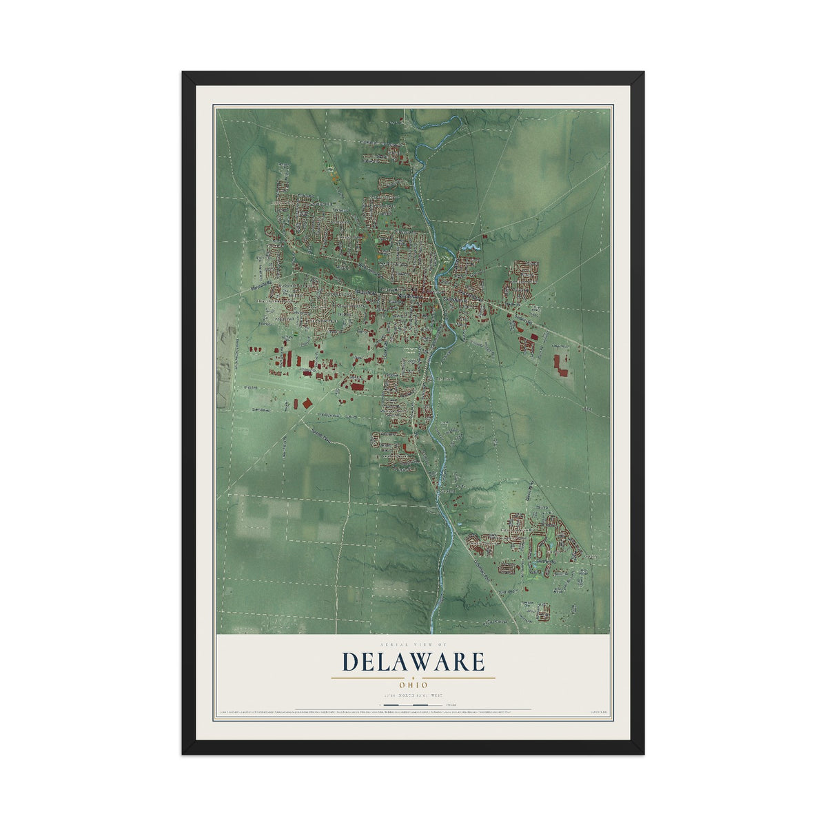 Map of Delaware, Ohio, 12 x 18 inch print in a black wood frame