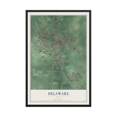 Map of Delaware, Ohio, 12 x 18 inch print in a black wood frame