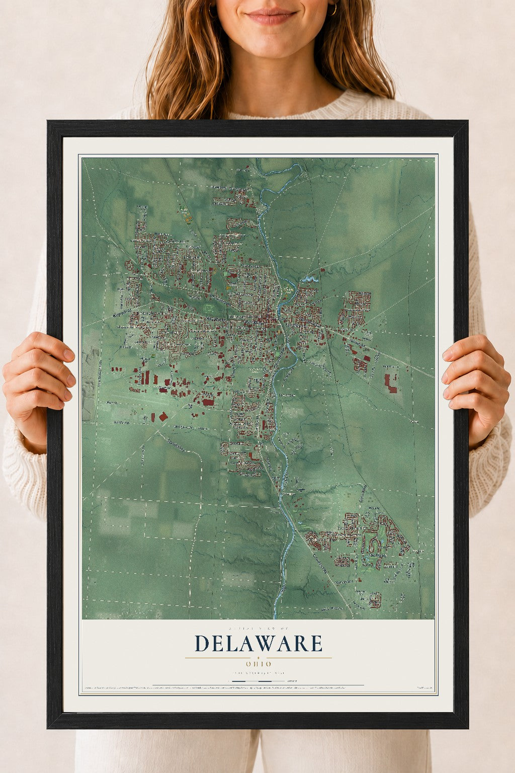 Map of Delaware, Ohio, 18 x 24 inch print in a black wood frame