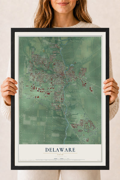 Map of Delaware, Ohio, 18 x 24 inch print in a black wood frame