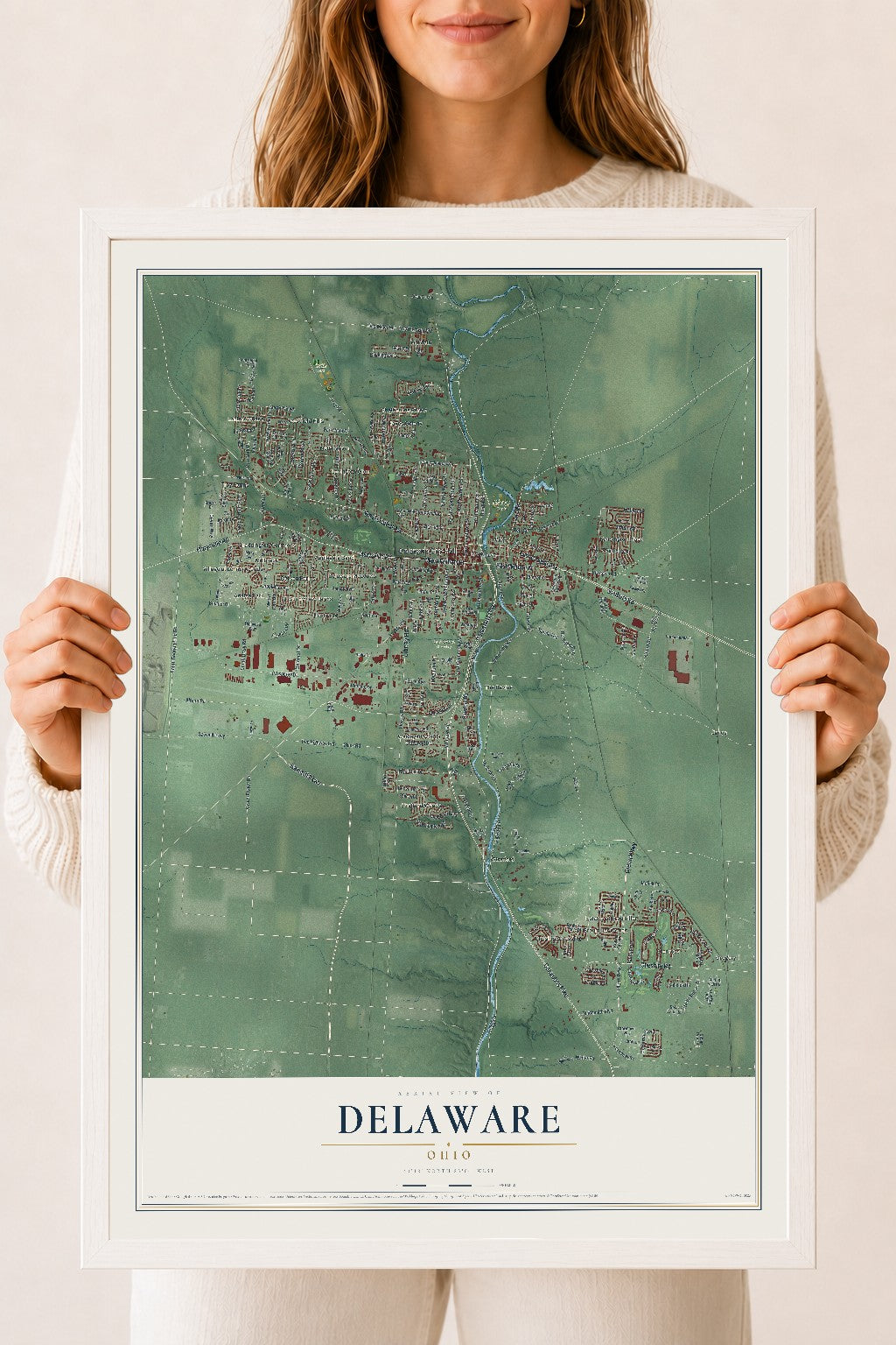 Map of Delaware, Ohio, 18 x 24 inch print in a white wood frame