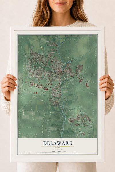 Map of Delaware, Ohio, 18 x 24 inch print in a white wood frame
