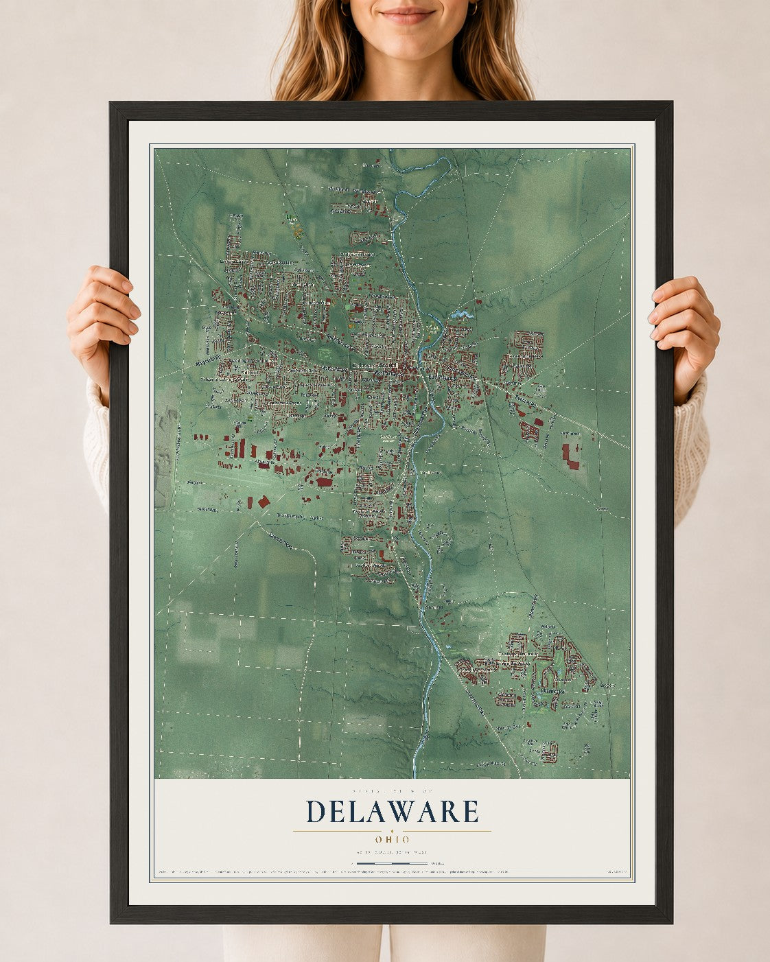 Map of Delaware, Ohio, 24 x 36 inch print in a black wood frame