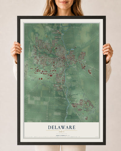 Map of Delaware, Ohio, 24 x 36 inch print in a black wood frame